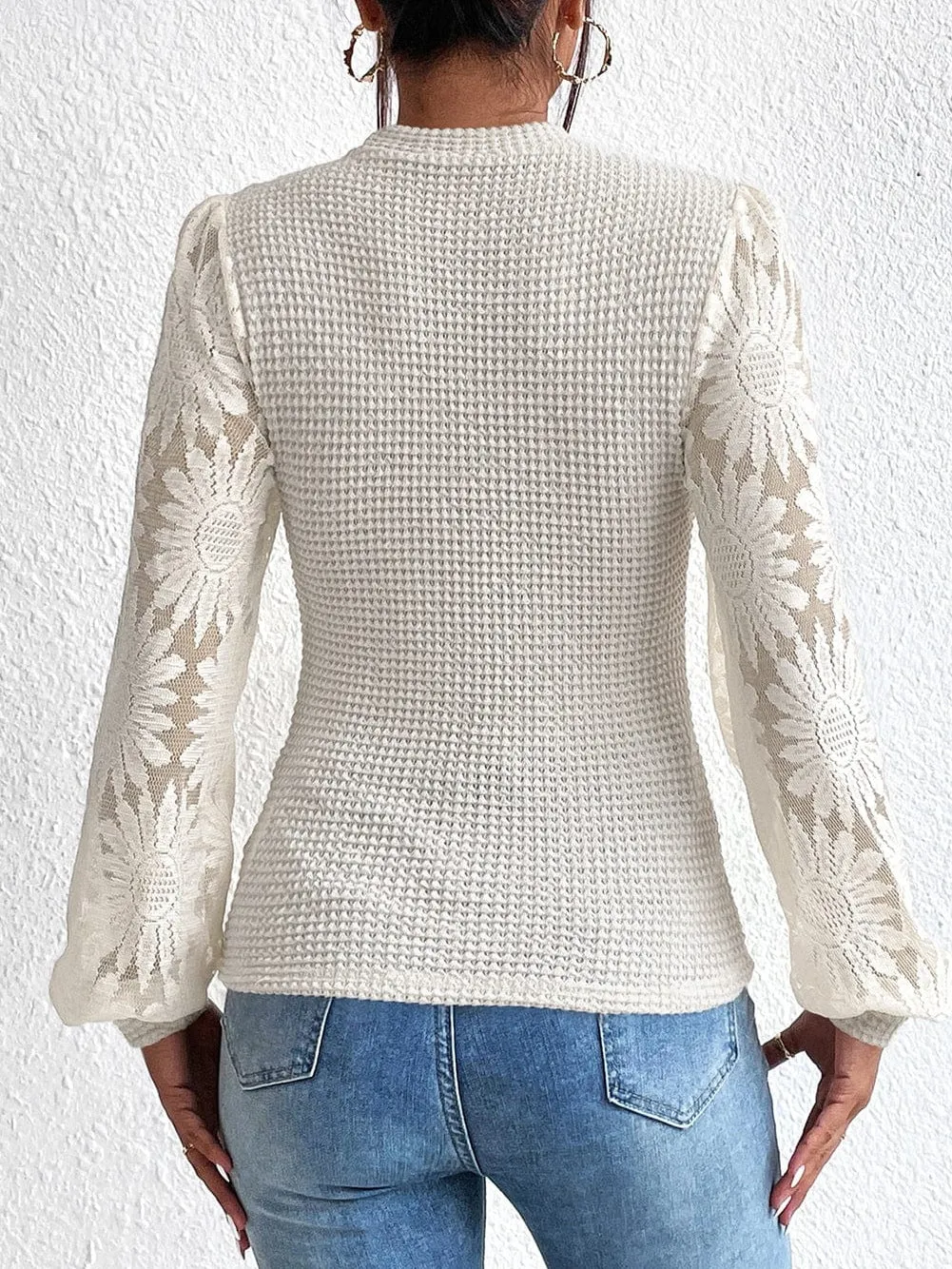 Beige Sunflower Mesh Bubble Sleeve Lace Detail Waffle Knit Top