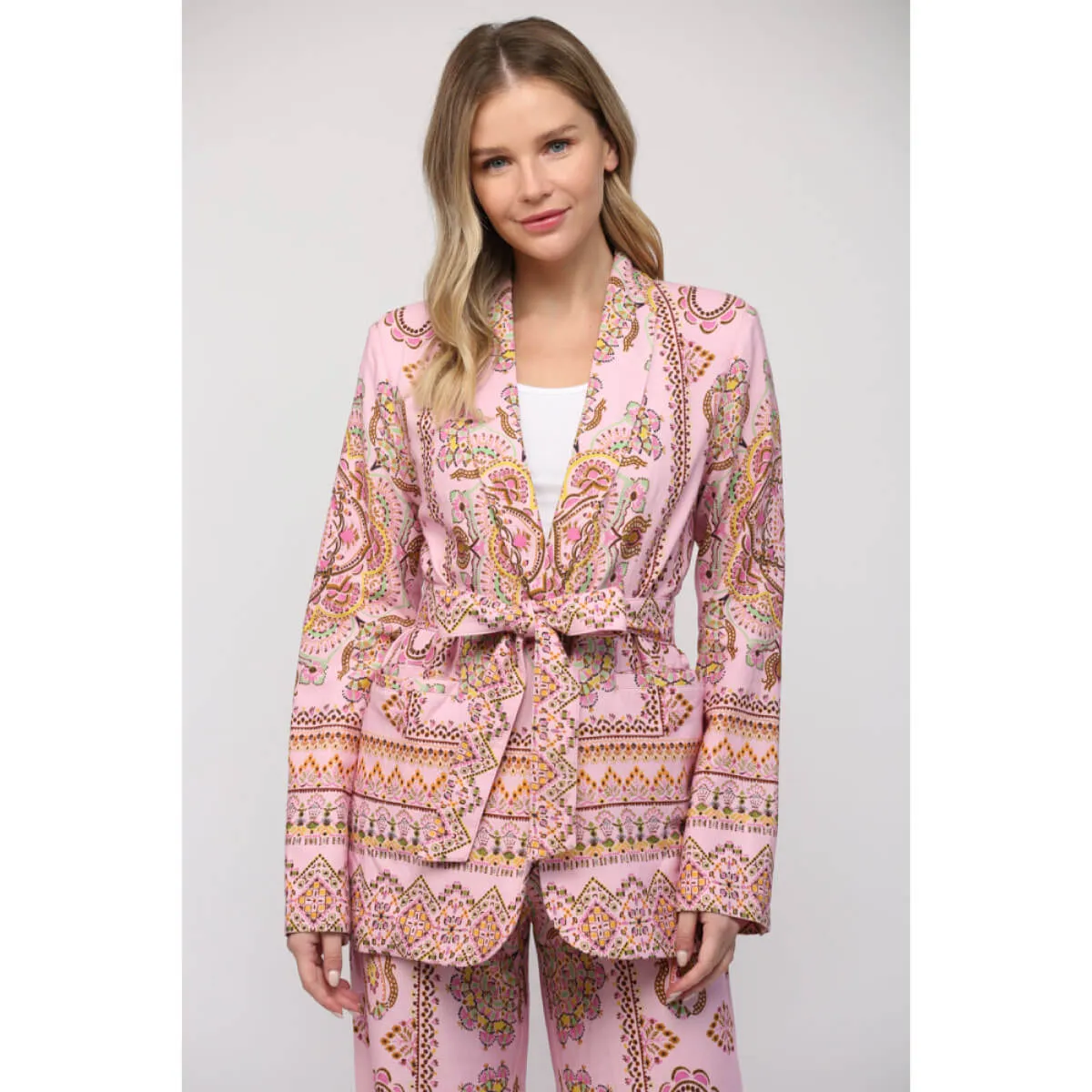 Border Print Linen Tie Waist Blazer