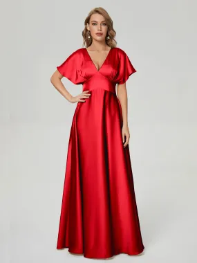 Cherry Red Bridesmaid Dresses Ariah Modest V Neck Short Sleeves Soft Satin Dresses