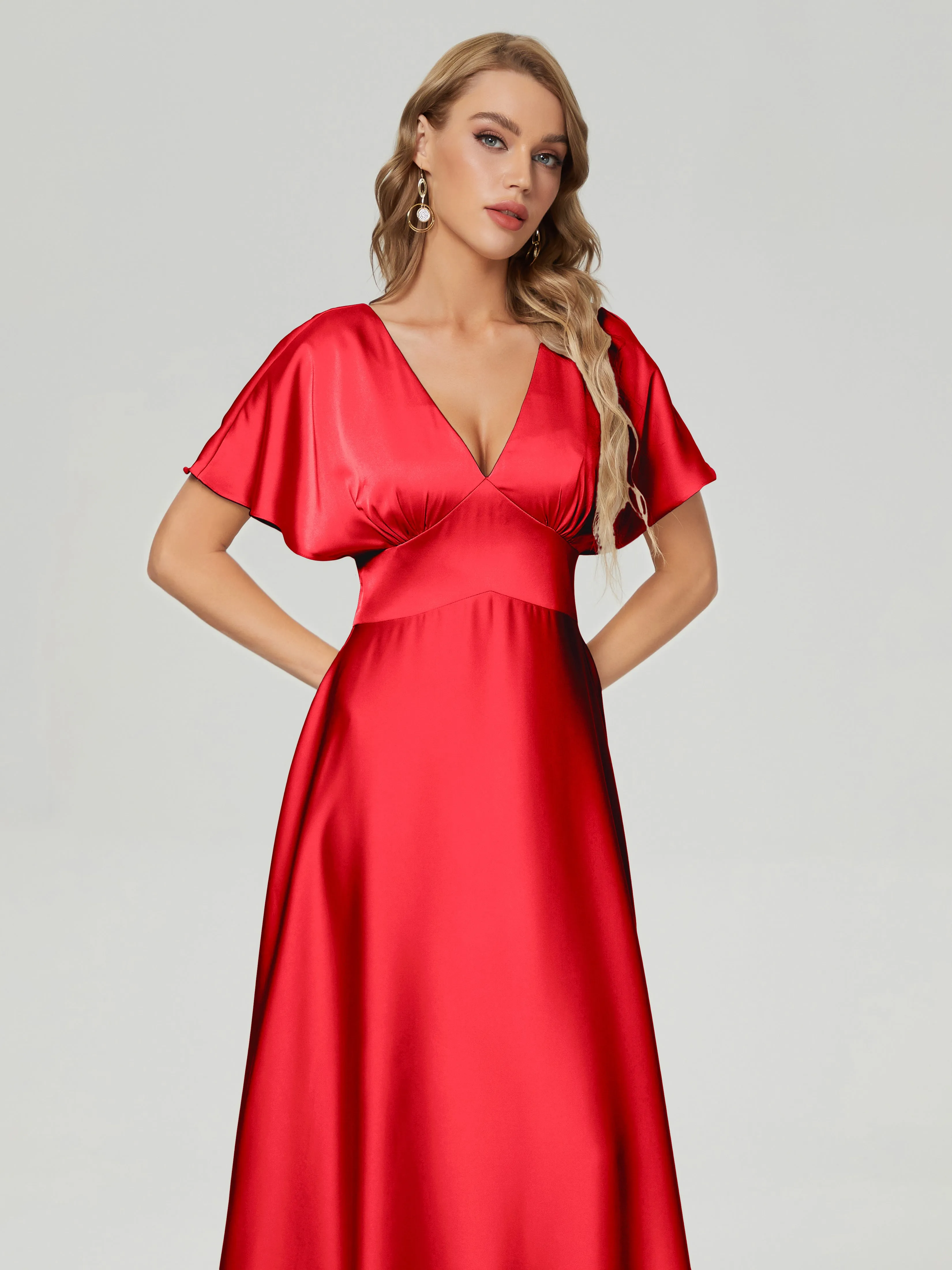 Cherry Red Bridesmaid Dresses Ariah Modest V Neck Short Sleeves Soft Satin Dresses