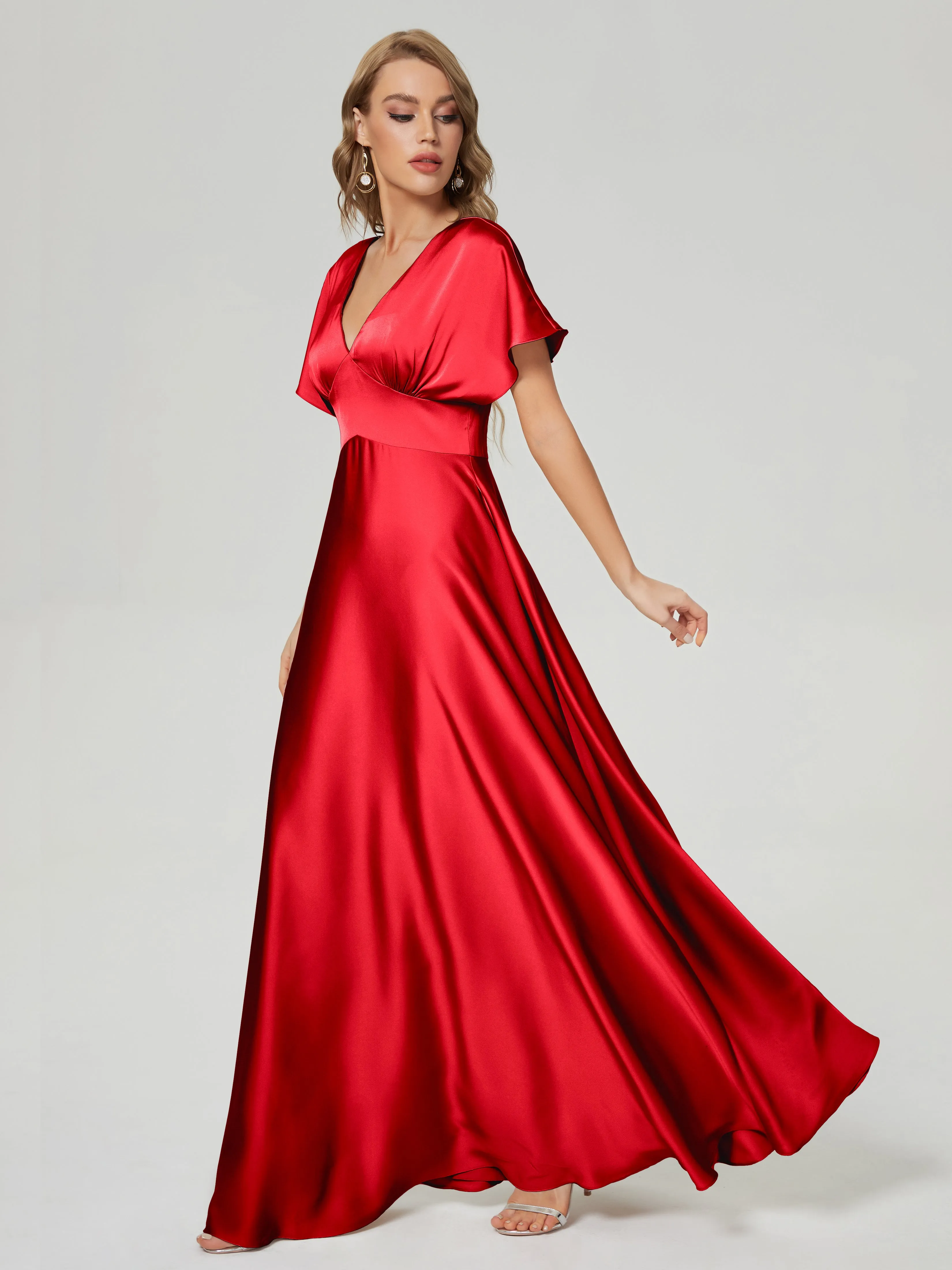 Cherry Red Bridesmaid Dresses Ariah Modest V Neck Short Sleeves Soft Satin Dresses