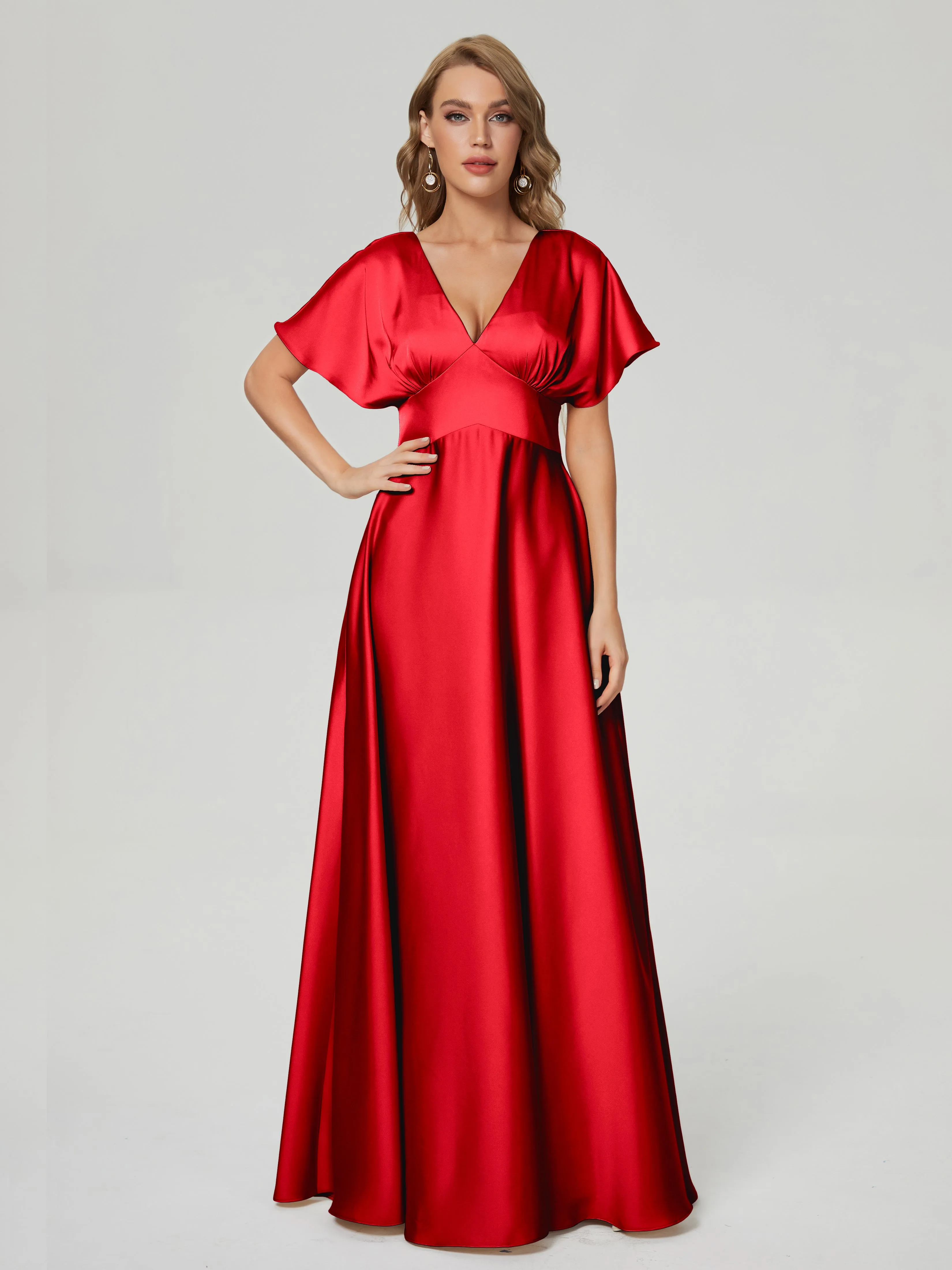 Cherry Red Bridesmaid Dresses Ariah Modest V Neck Short Sleeves Soft Satin Dresses