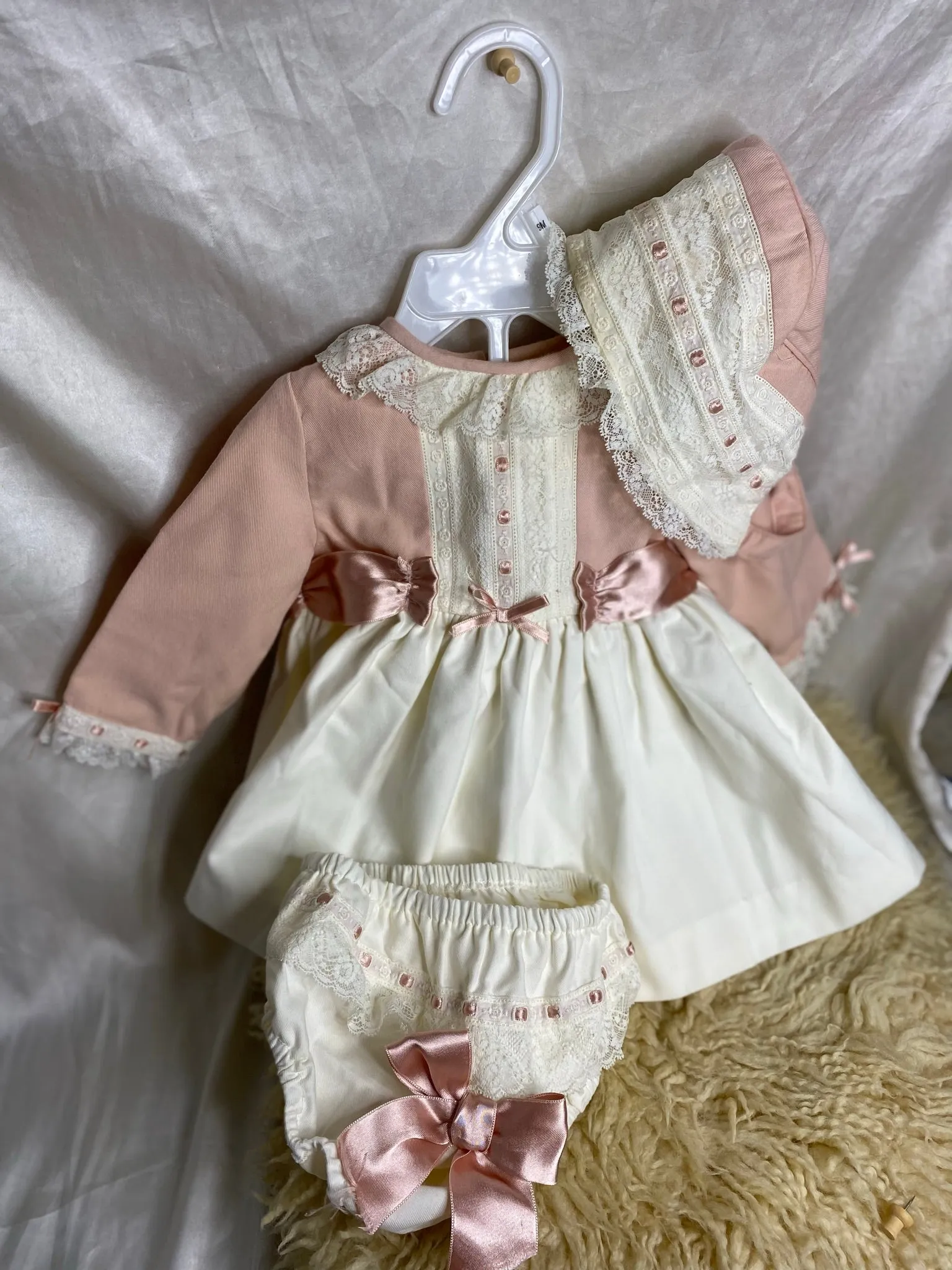 Childrens' Salon Dolce Petit Pink and Cream Exquisite Formal Bonnet, Dress and Pants - Girls 9 Months