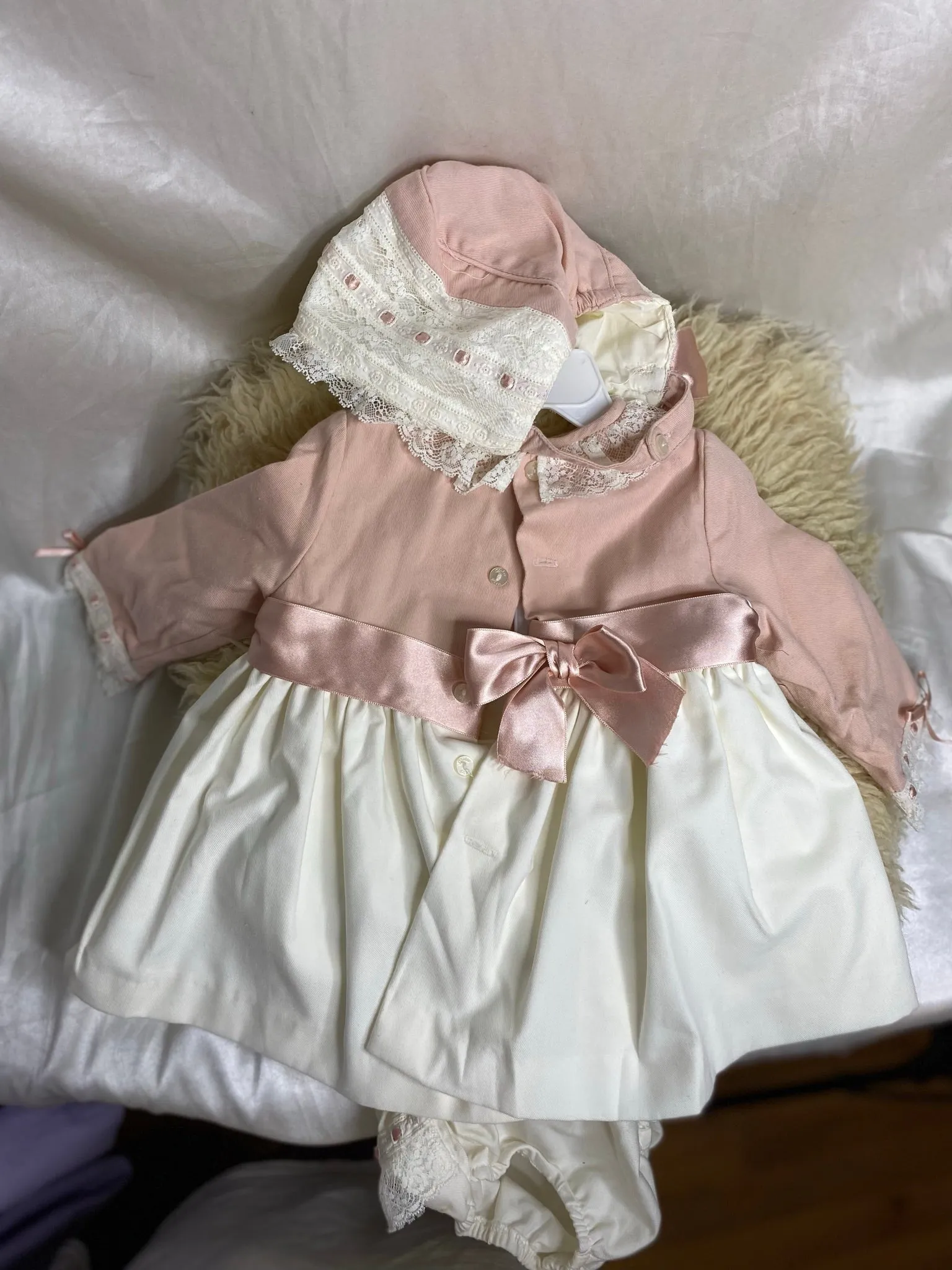 Childrens' Salon Dolce Petit Pink and Cream Exquisite Formal Bonnet, Dress and Pants - Girls 9 Months