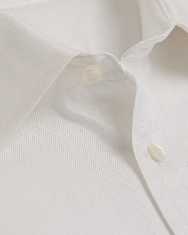 Classic Fit, Classic Collar, Two Button Cuff in White Herringbone