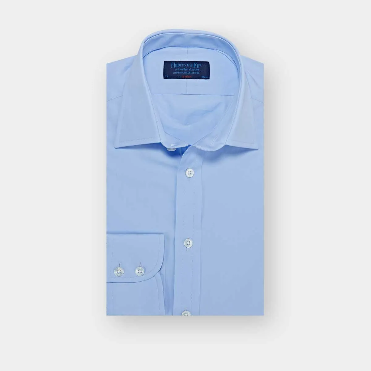 Classic Fit Plain Sky Blue Cotton Poplin Shirt with Classic Collar & Two Button Cuff