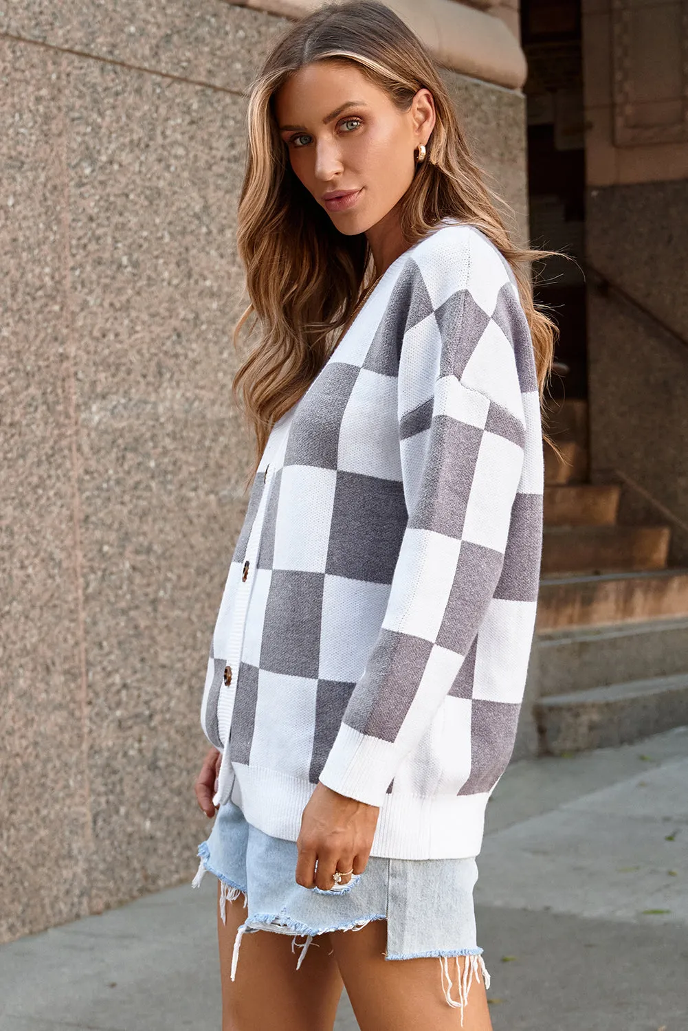 Contrast Checkered Print Sweater Cardigan