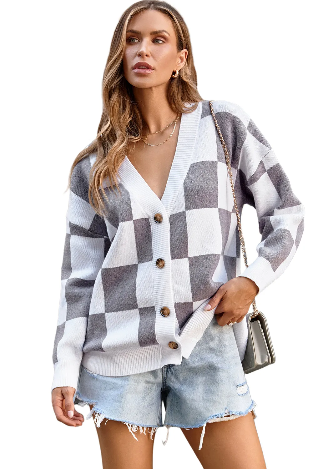 Contrast Checkered Print Sweater Cardigan