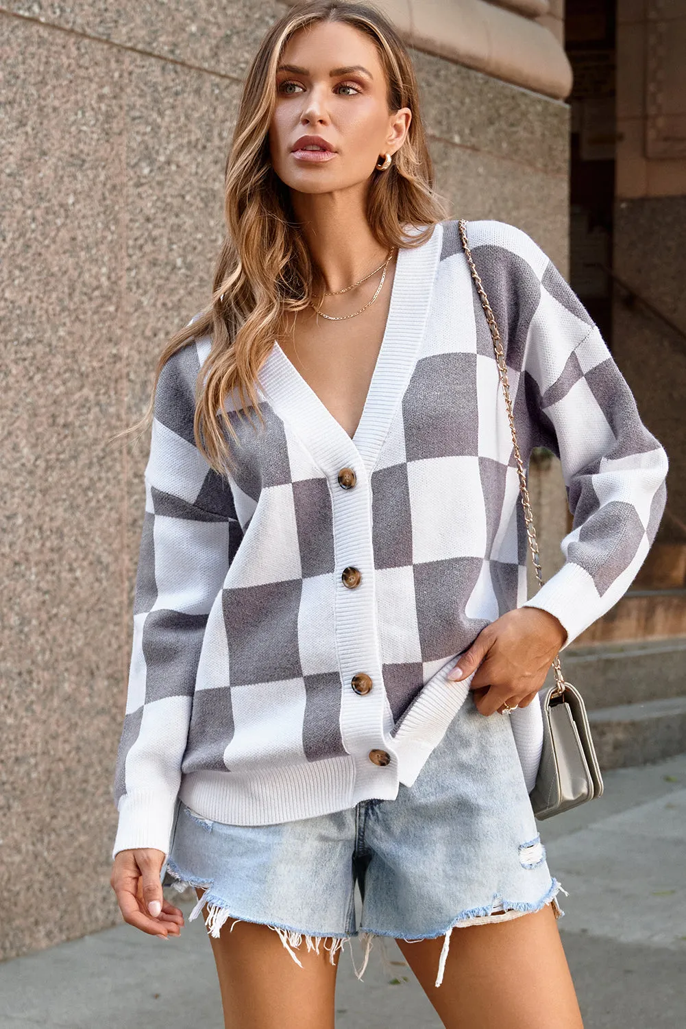 Contrast Checkered Print Sweater Cardigan