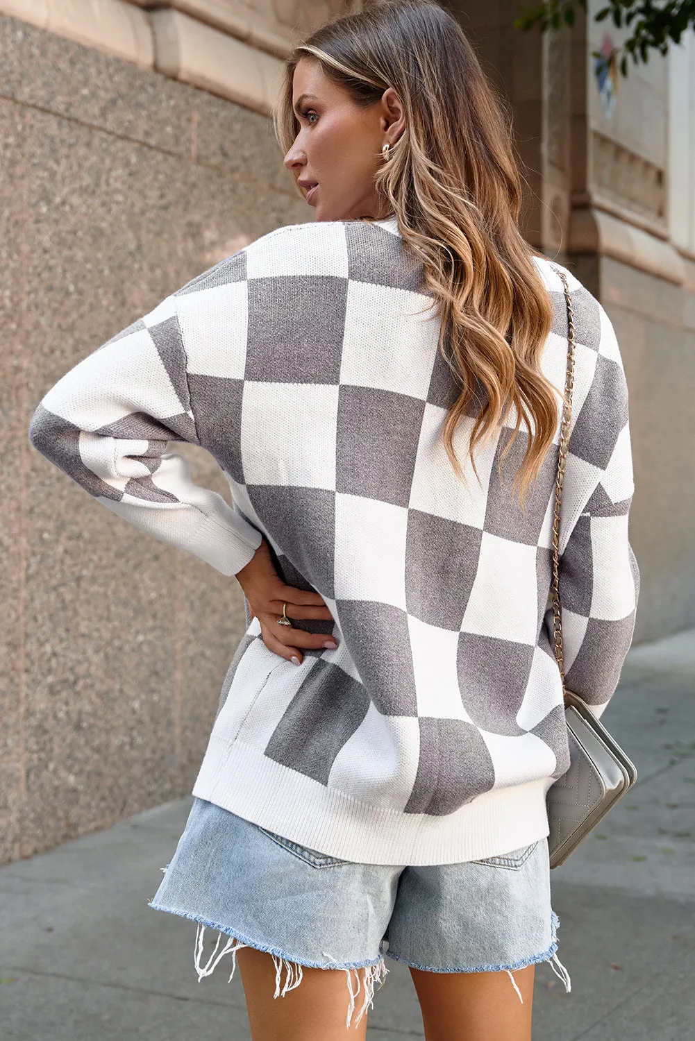 Contrast Checkered Print Sweater Cardigan