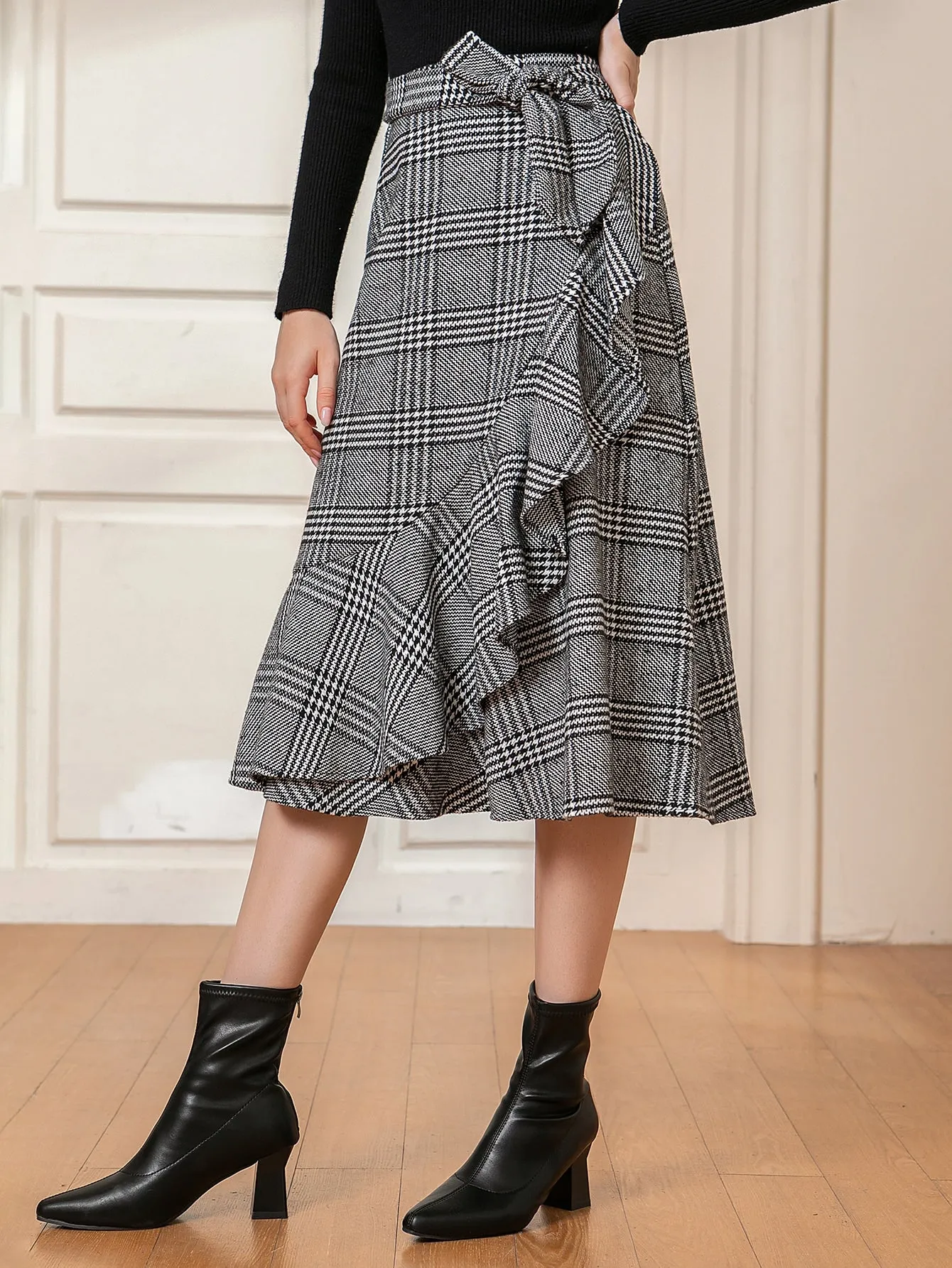 Elegant Houndstooth Knot High Waist Midi Women Skirt