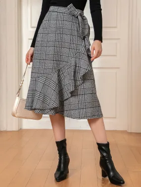 Elegant Houndstooth Knot High Waist Midi Women Skirt