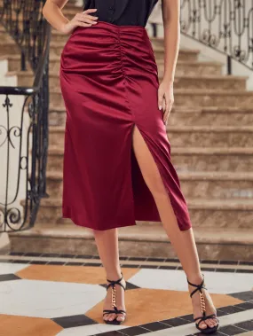 Elegant Plain Split Thigh Natural Midi Women Skirt