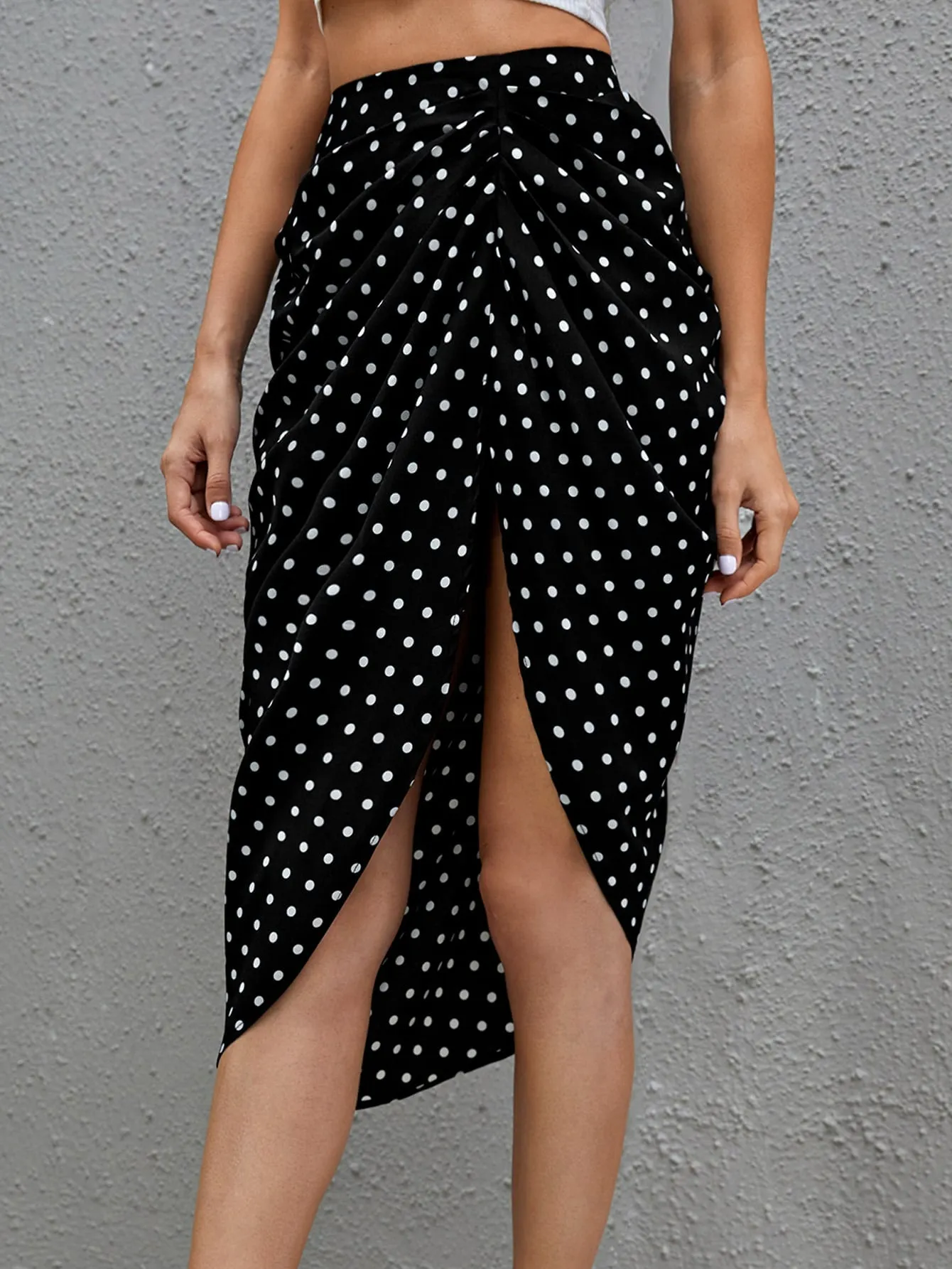 Elegant Polka Dot Split Thigh High Waist Midi Women Skirts