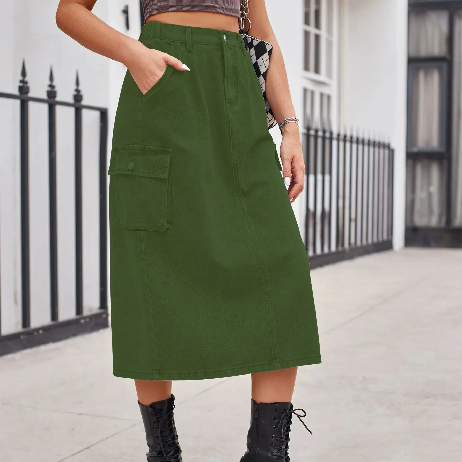 Elegant Straight Button Split Retro Maxi Denim Skirt