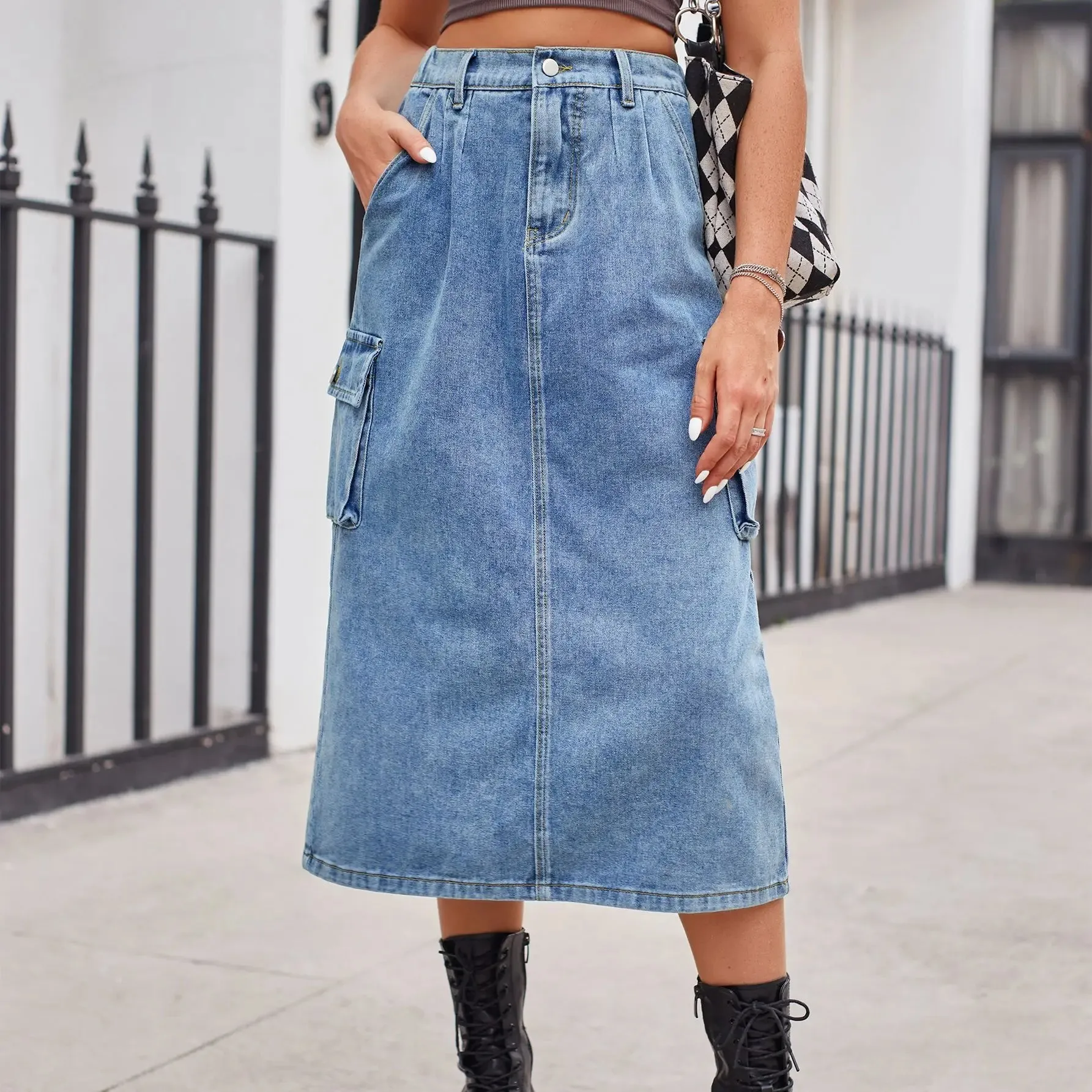 Elegant Straight Button Split Retro Maxi Denim Skirt