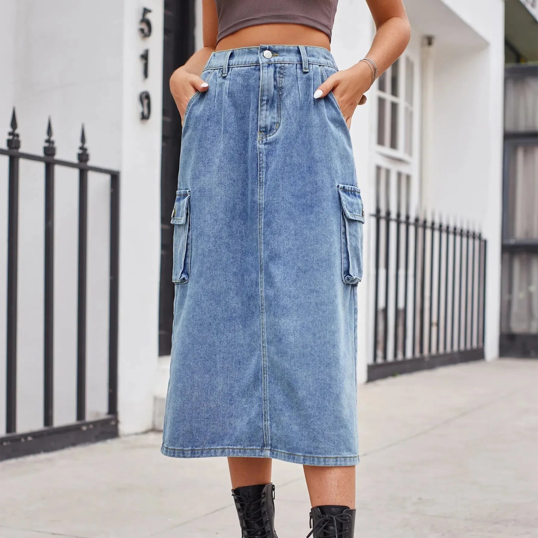 Elegant Straight Button Split Retro Maxi Denim Skirt