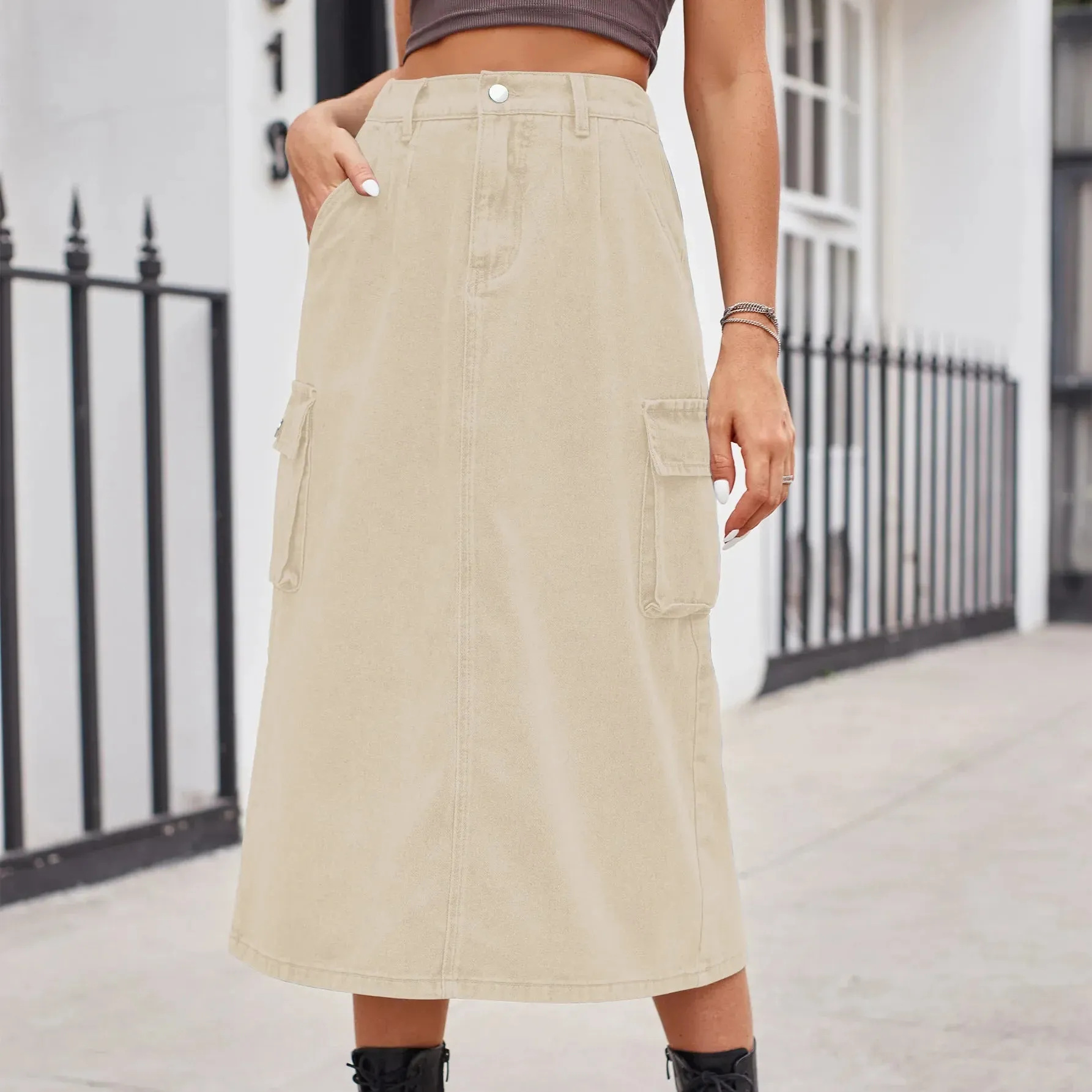 Elegant Straight Button Split Retro Maxi Denim Skirt