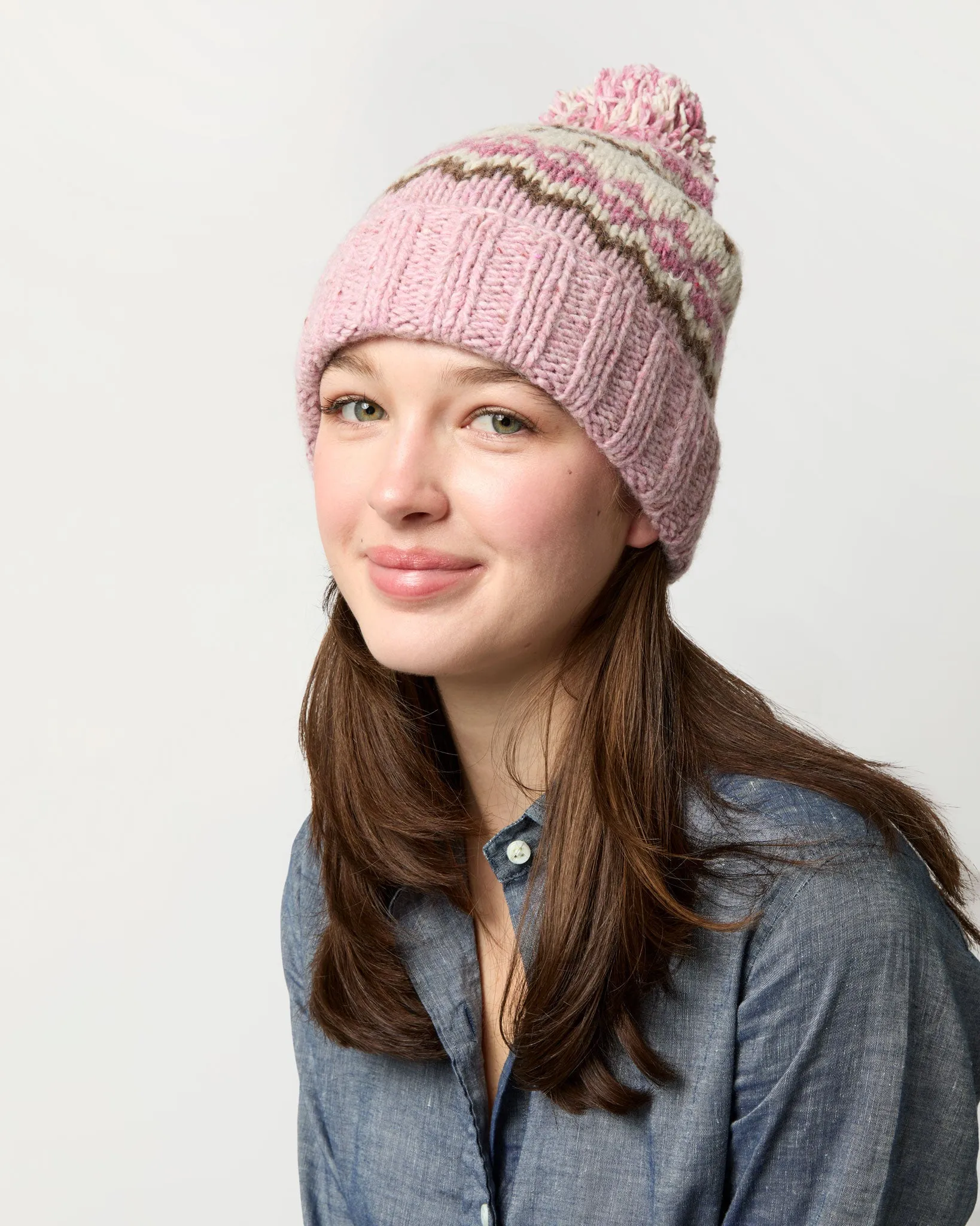 Fair Isle Pom-Pom Beanie in Pink/Berry Wool Blend