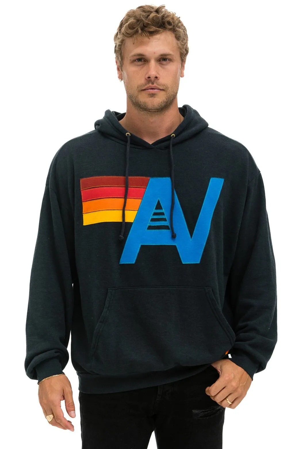 LOGO STITCH PULLOVER RELAXED HOODIE - CHARCOAL