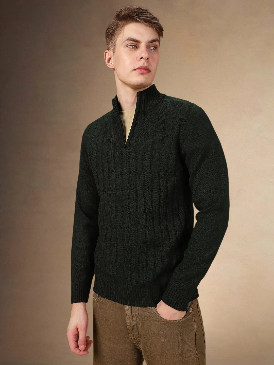 Men's Solid Mock Neck Full Sleeves Regular Fit Pullover Sweater