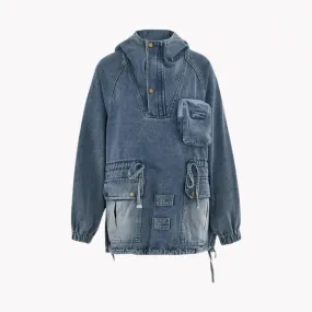 Pre Order:  Drawstring and Pockets Hooded Denim Jacket