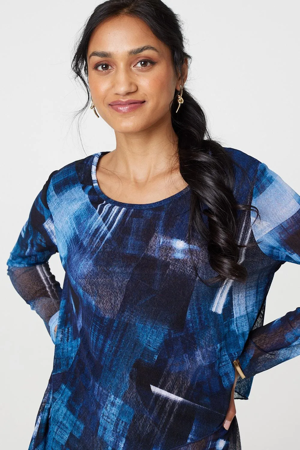 Printed Semi Sheer Asymmetric Tunic Top