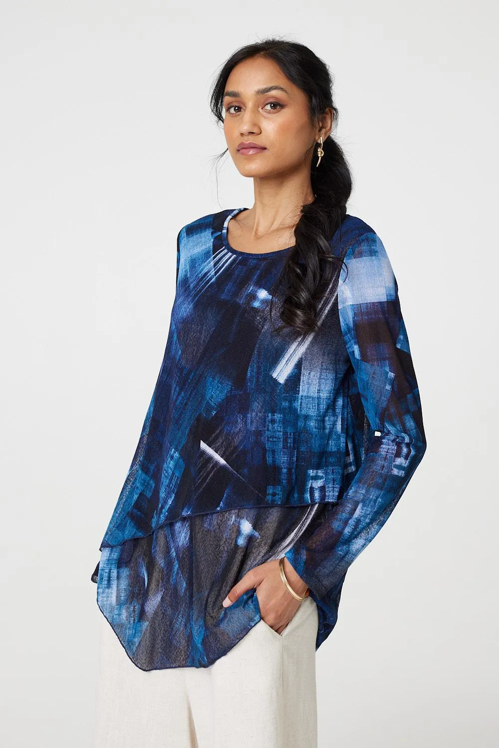 Printed Semi Sheer Asymmetric Tunic Top