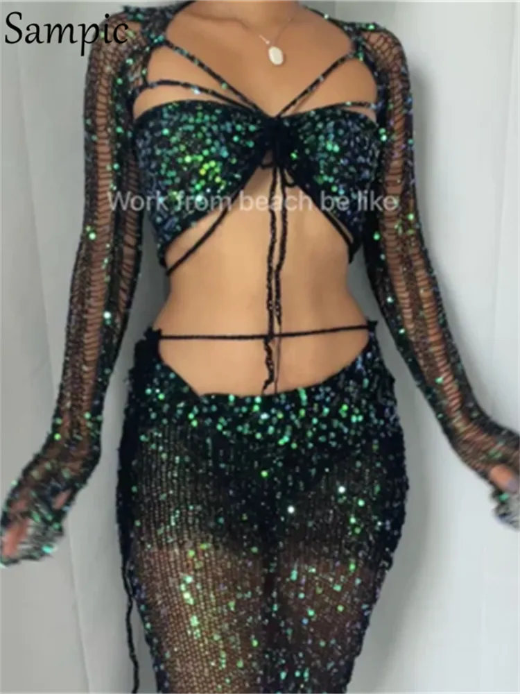 Sequins Knitted Two Piece Summer Set