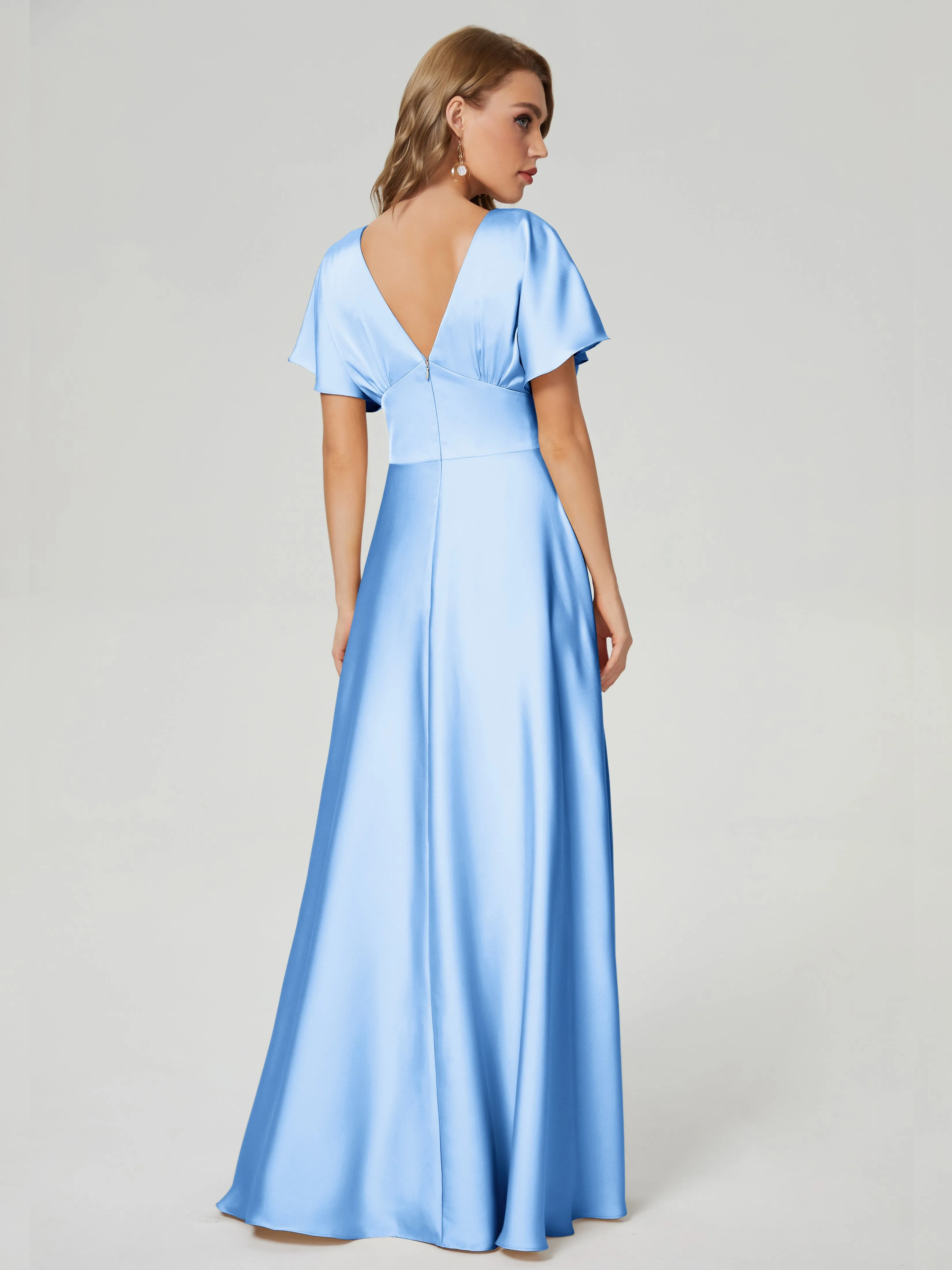 Sky Blue Bridesmaid Dresses Ariah Modest V Neck Short Sleeves Soft Satin Dresses