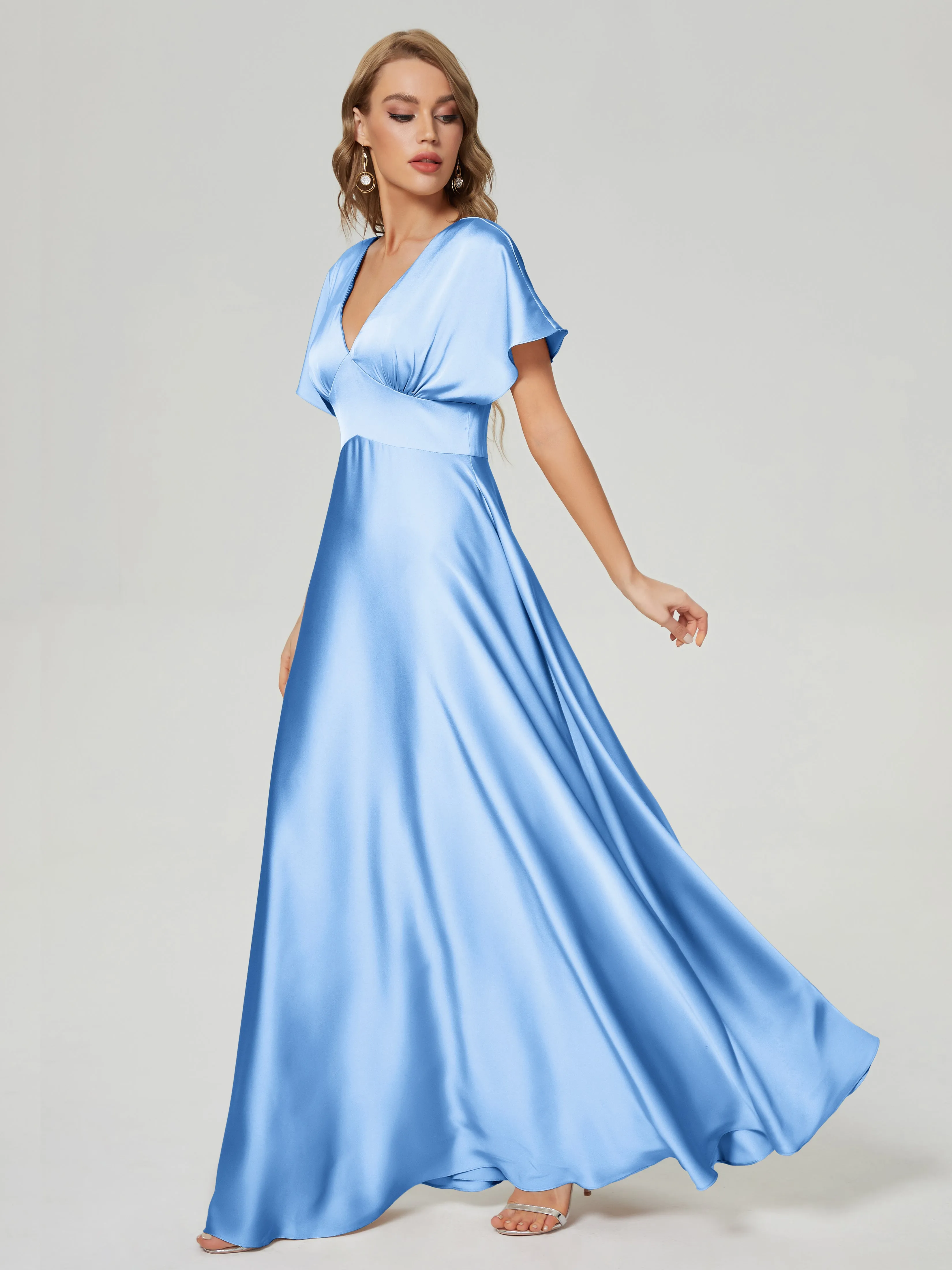 Sky Blue Bridesmaid Dresses Ariah Modest V Neck Short Sleeves Soft Satin Dresses