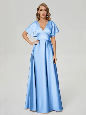 Sky Blue Bridesmaid Dresses Ariah Modest V Neck Short Sleeves Soft Satin Dresses