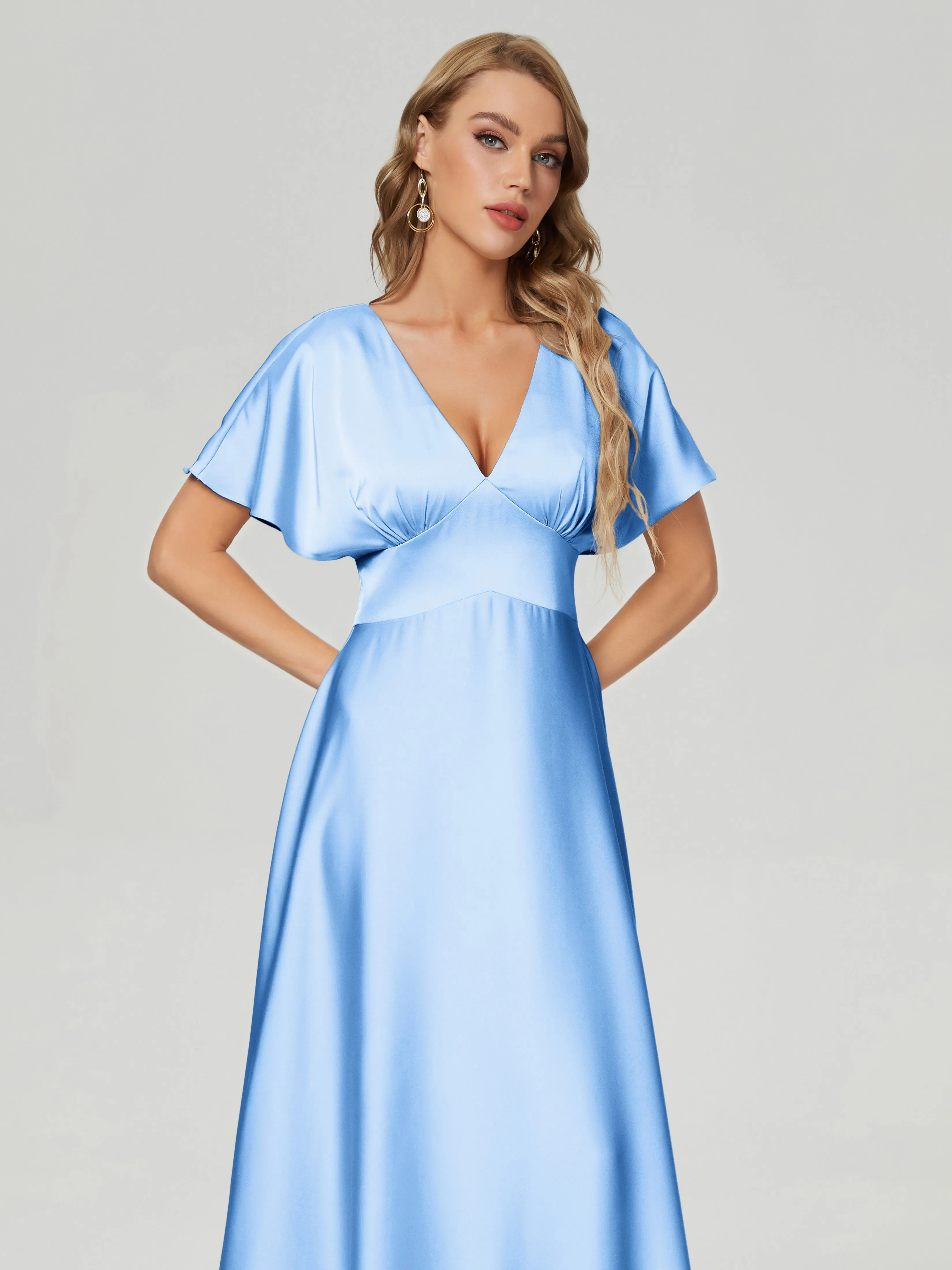 Sky Blue Bridesmaid Dresses Ariah Modest V Neck Short Sleeves Soft Satin Dresses