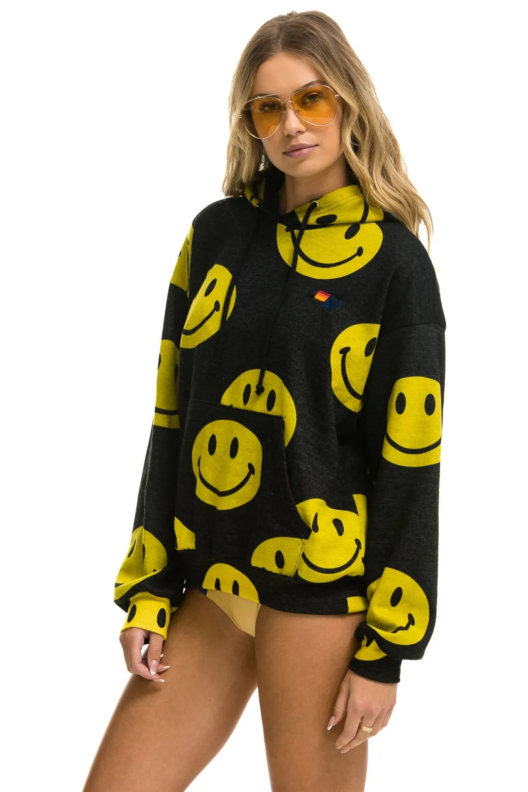 SMILEY REPEAT RELAXED PULLOVER HOODIE - BLACK