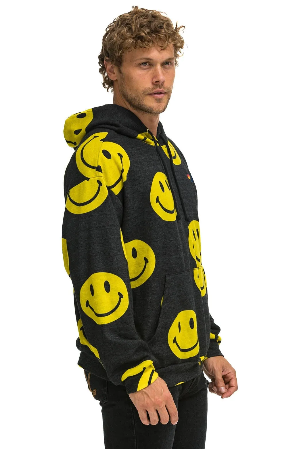 SMILEY REPEAT RELAXED PULLOVER HOODIE - BLACK