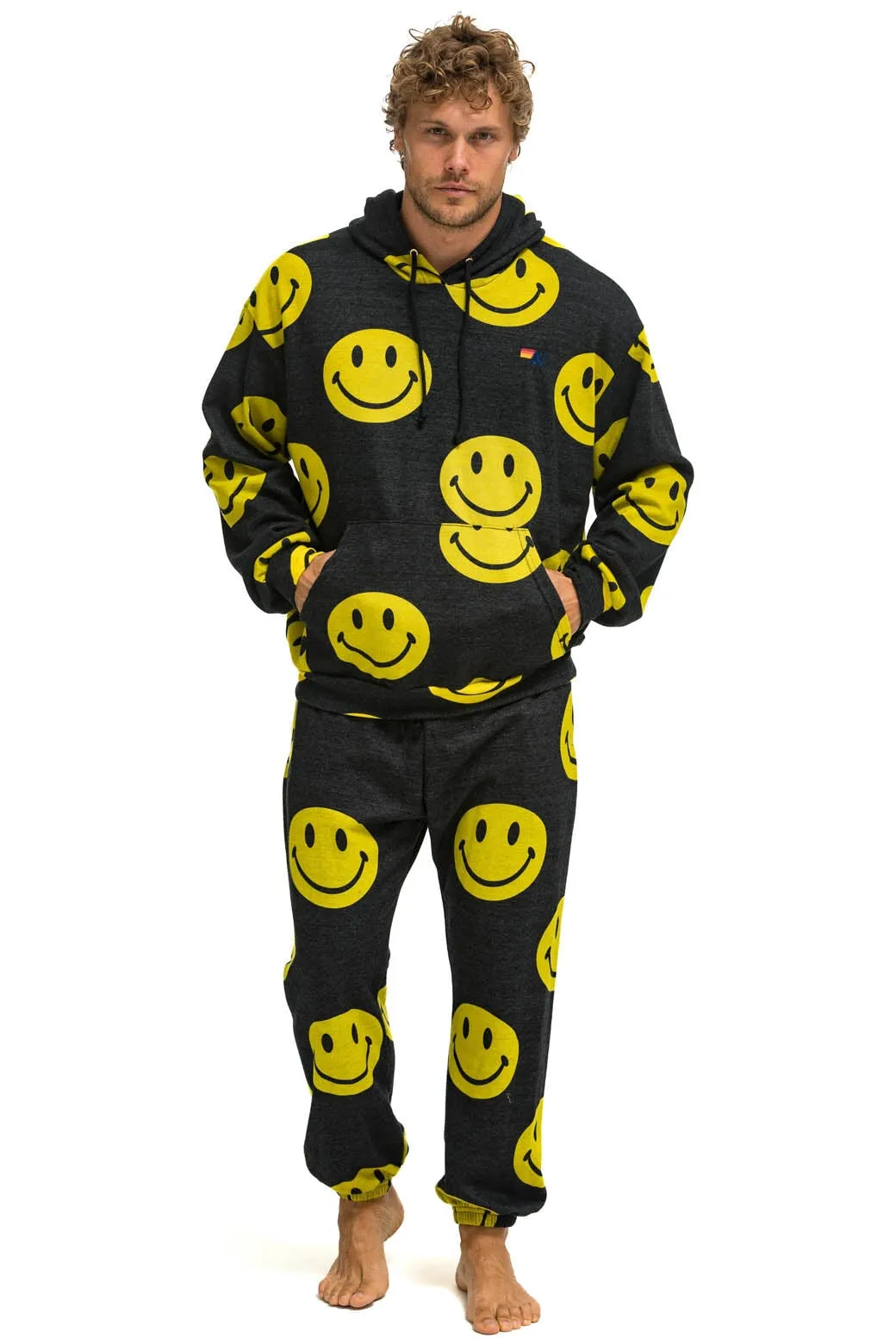 SMILEY REPEAT RELAXED PULLOVER HOODIE - BLACK