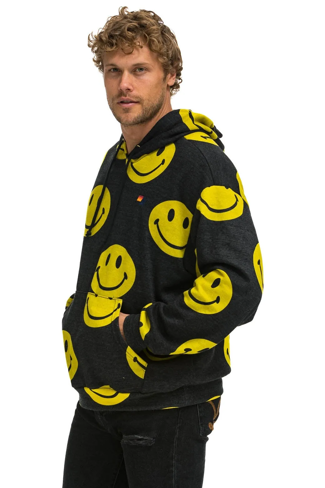 SMILEY REPEAT RELAXED PULLOVER HOODIE - BLACK