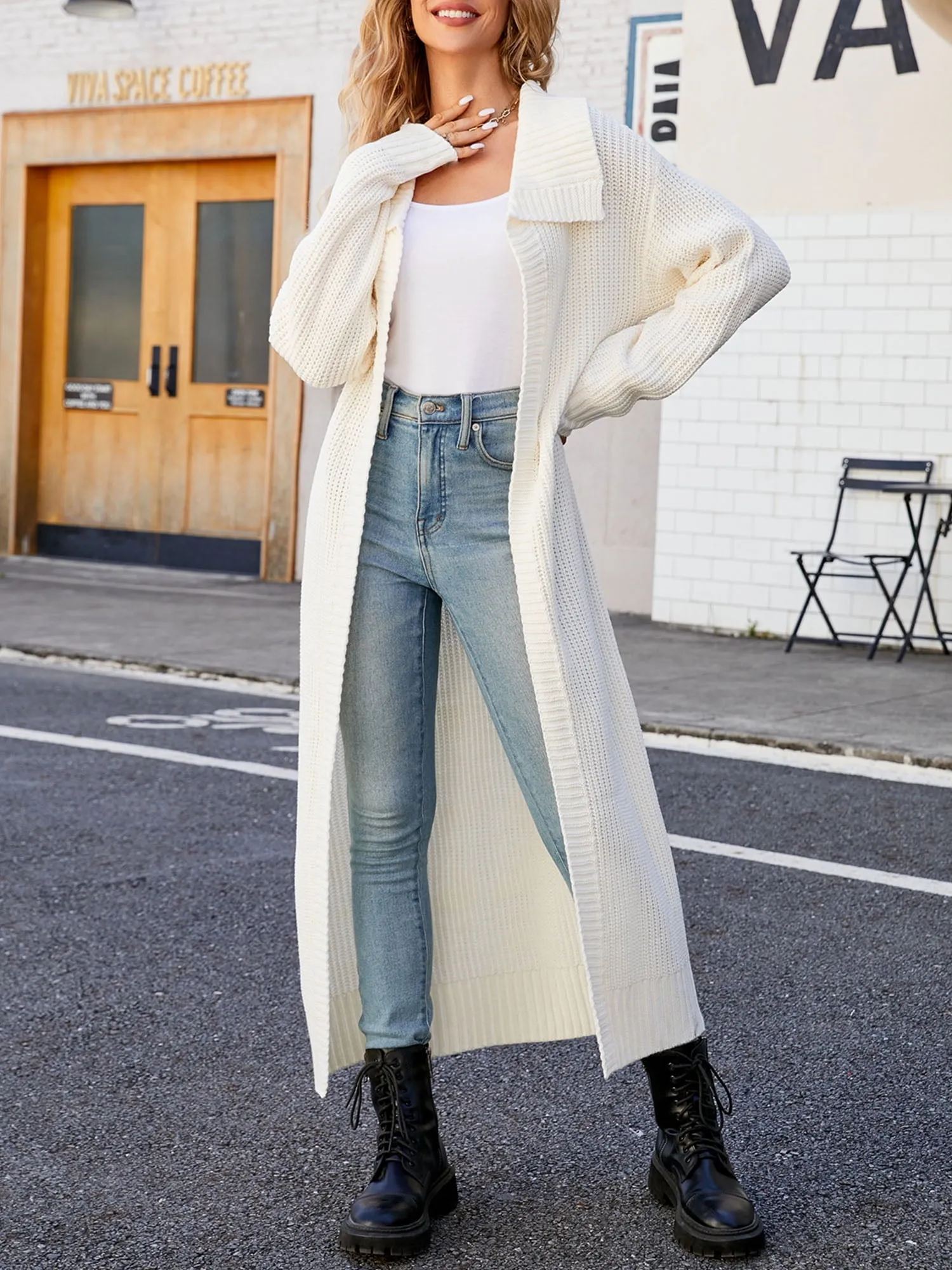 Solid Color Long Sleeve Long Knitted Cardigan