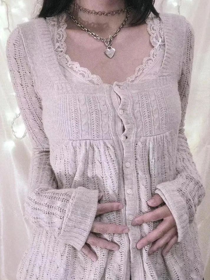 Solid Pointelle Square Neck Knit Cardigan