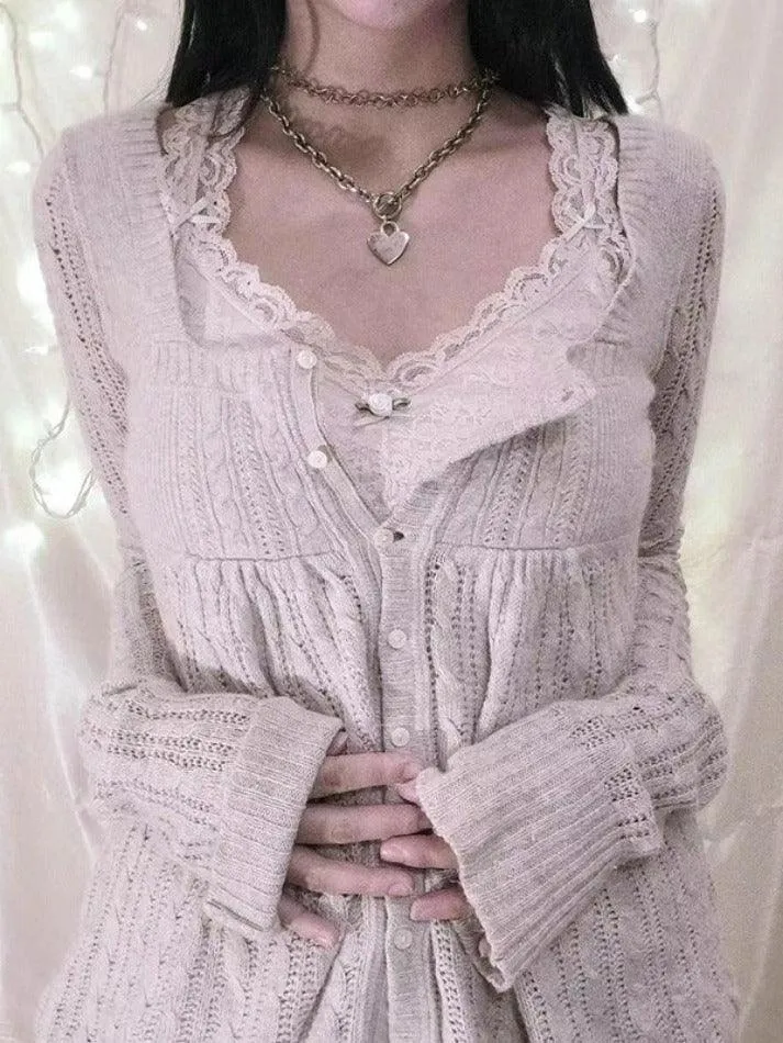 Solid Pointelle Square Neck Knit Cardigan