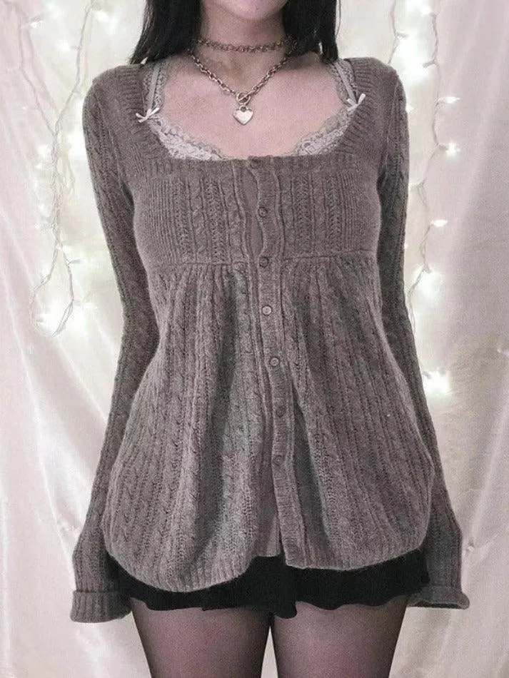 Solid Pointelle Square Neck Knit Cardigan