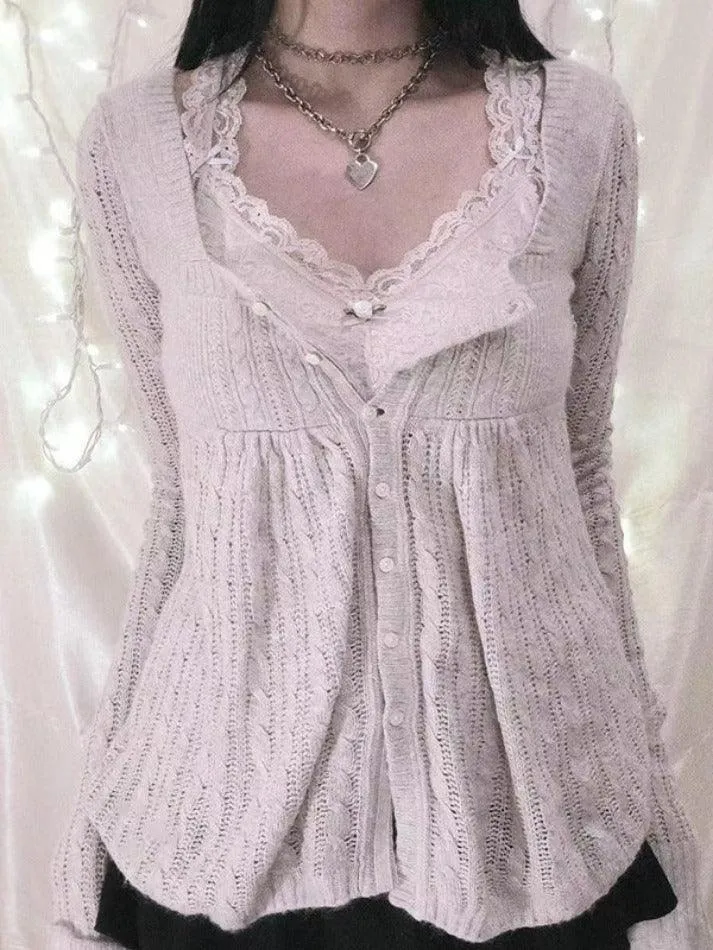 Solid Pointelle Square Neck Knit Cardigan