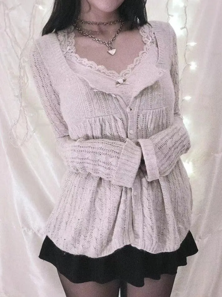 Solid Pointelle Square Neck Knit Cardigan