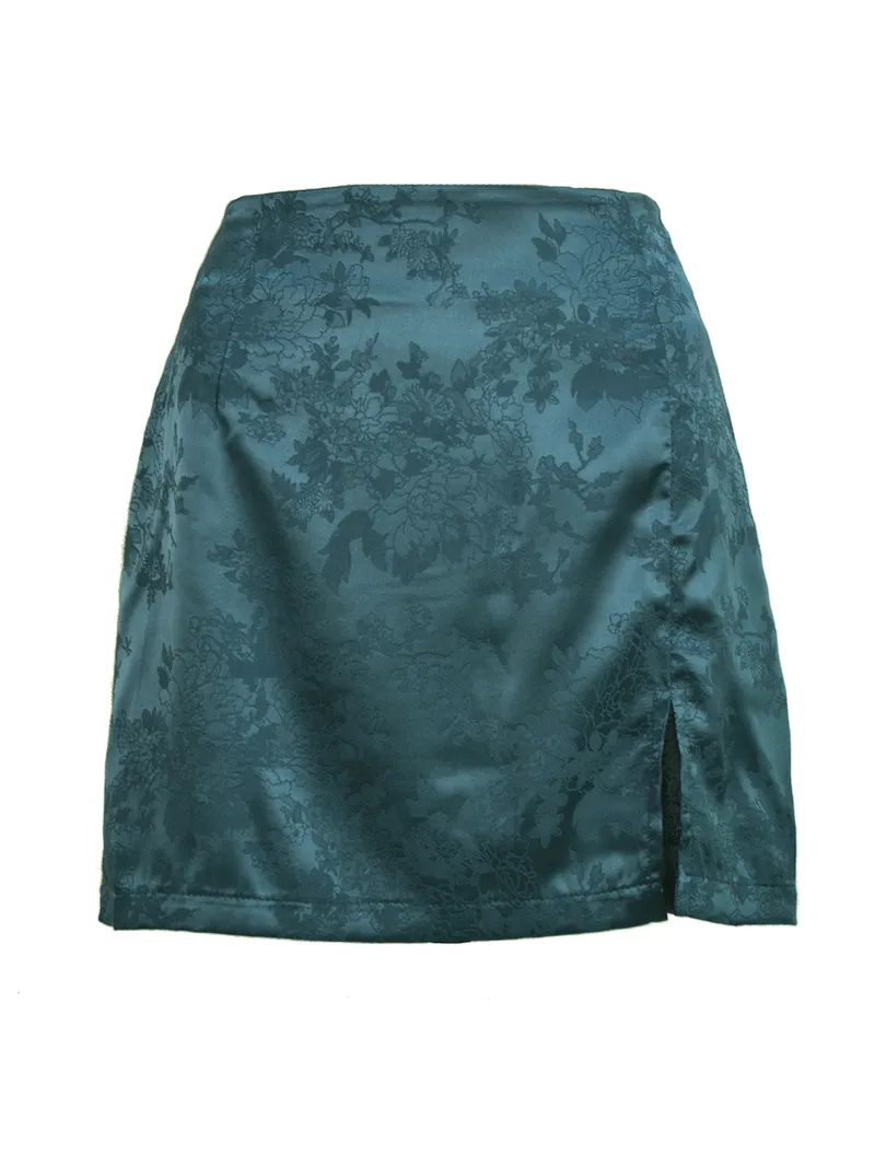 Split Jacquard Satin High Waist Zipper Skirts for Women