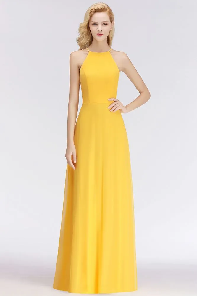 Stylish A-line Halter Sleeveless Floor Length Yellow Bridesmaid Dresses