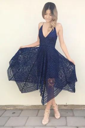 Stylish Asymmetrical Navy Blue Tea Length Lace Bridesmaid Dresses