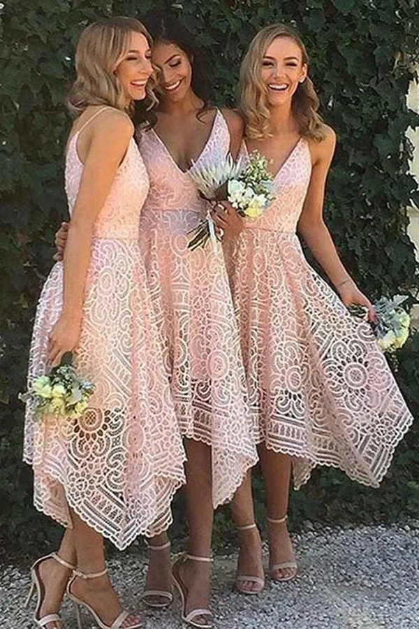 Stylish Asymmetrical Navy Blue Tea Length Lace Bridesmaid Dresses