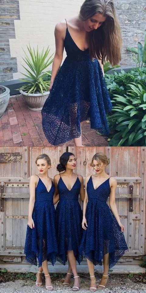 Stylish Asymmetrical Navy Blue Tea Length Lace Bridesmaid Dresses