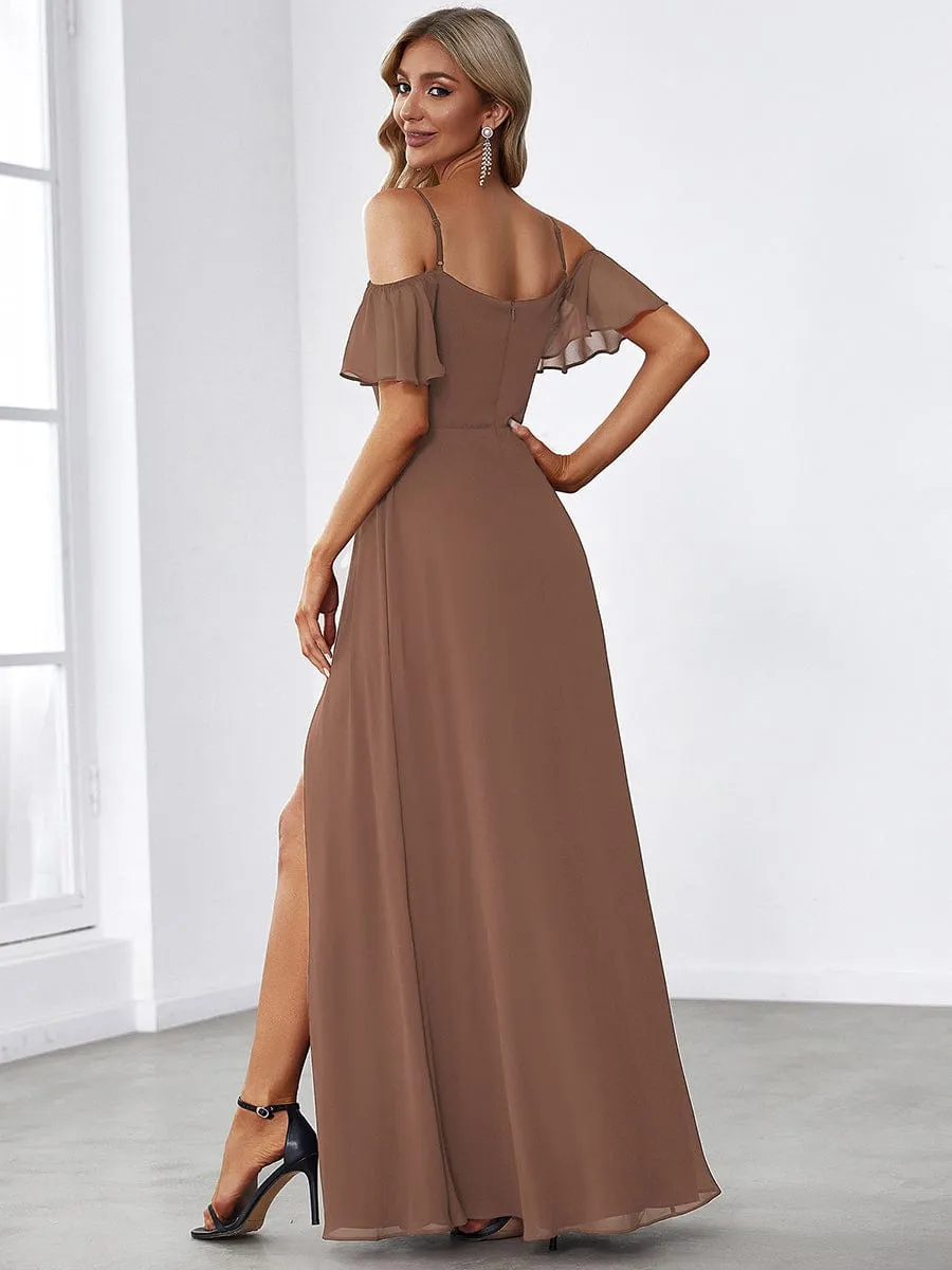 Stylish Cold Shoulder Flare Sleeves Flowy Bridesmaid Dress