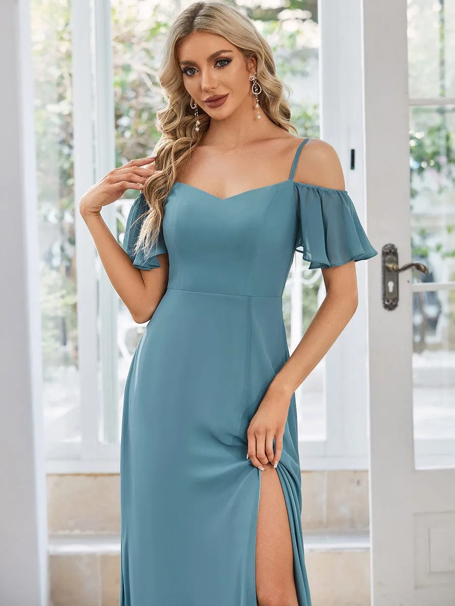 Stylish Cold Shoulder Flare Sleeves Flowy Bridesmaid Dress